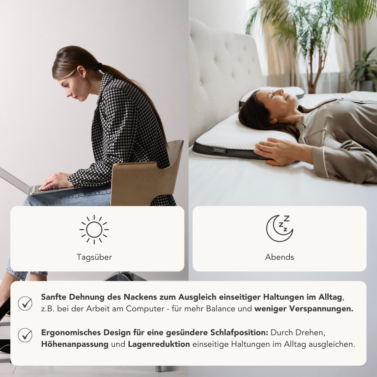 Nach der Arbeit am Laptop entspannt sich eine Frau in Rückenlage auf ihrer Matratze mit dem Liebscher & Bracht Kissen. Der deutsche Text betont, wie optimale Schlafpositionen und ergonomischer Schlaf Ausgeglichenheit und Spannungsabbau bringen.