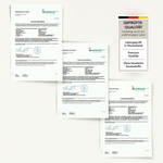 Vier amtlich anmutende Dokumente mit Liebscher & Bracht-Logos sind auf hellem Hintergrund angeordnet. Rechts daneben bestätigt ein Zertifizierungsetikett in deutscher Sprache, dass Die 3er-Kombi - Arthro Premium Vitalstoffe laborgeprüft, hochwertig und frei von Zusatzstoffen ist.