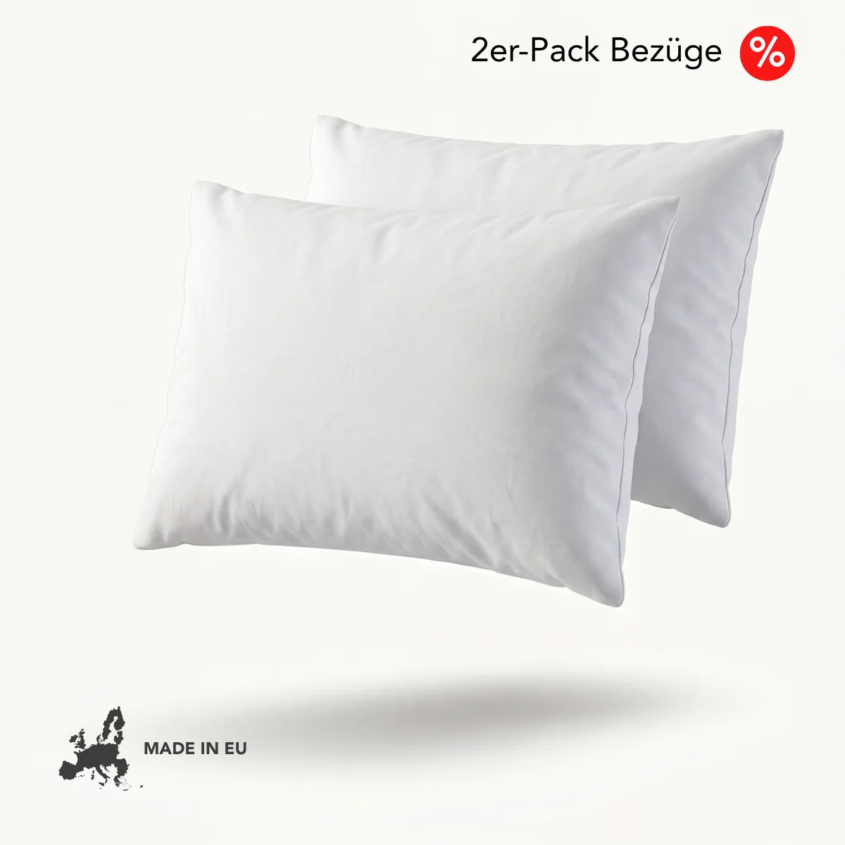 Auf einem hellen Hintergrund sind zwei viereckige Kissenbezüge (2er-Pack) von Liebscher & Bracht abgebildet. Oben rechts sind die Aufschrift „2er-Pack Bezüge“ und ein %-Symbol zu sehen; unten links ist eine schwarze Europakarte mit der Aufschrift „Made in EU“ abgebildet.