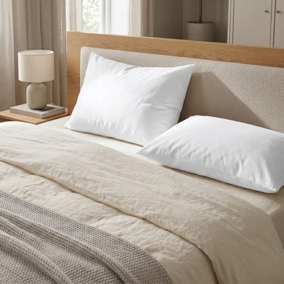 Ein ordentlich gemachtes Bett mit zwei Kissenbezügen „Viereckiger Kissenbezug (2er-Pack)“ von Liebscher & Bracht, beigen Laken und einer strukturierten grauen Decke steht in einem modern eingerichteten Schlafzimmer mit sanfter Beleuchtung, das mit einem Kopfteil aus Holz, einem Nachttisch und einer Lampe ausgestattet ist.