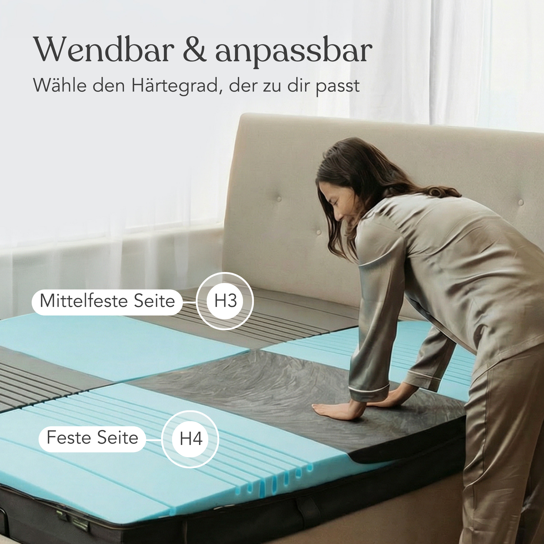 Eine Frau im Schlafanzug testet ein Liebscher & Bracht Schlafsystem: Matratze + Kissen + Kissenbezüge mit gekennzeichneten Härtezonen (H3, H4). Der deutsche Text hebt den wendbaren, anpassbaren Aufbau hervor.