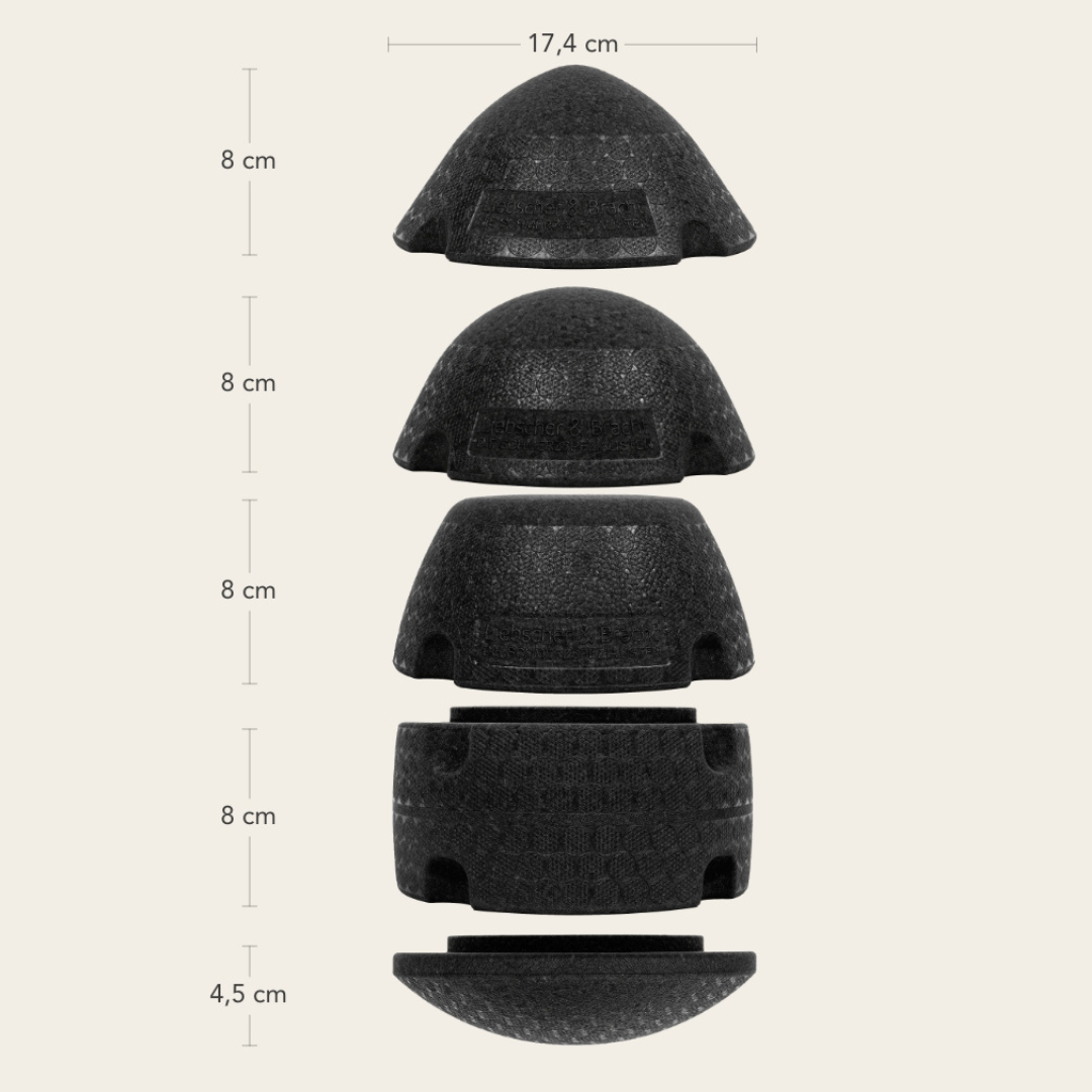 Fünf schwarze, kuppelförmige und zylindrische Schaumstoffteile aus dem Liebscher & Bracht Dein ISG-Ischias-Paket sind mit gleichem Abstand vertikal gestapelt; jedes ist 8 cm hoch, außer dem untersten mit 4,5 cm, und ihre Breite in der Draufsicht beträgt 17,4 cm.