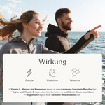 Eine Frau und ein Mann in Sportkleidung joggen an einem sonnigen Tag am Wasser. Ein Kasten mit Icons und deutschem Text zeigt die veganen Vorteile von Liebscher & Bracht Aktiv+ für 2 Monate - Vitamine und Mineralien für Energie, Muskeln und Zellschutz.