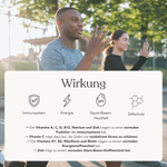 Zwei Menschen joggen an einem sonnigen Tag im Freien. Eine Infografik zeigt, wie Liebscher & Bracht ALL IN ONE - Basispulver Immunität, Energie, pH-Balance und Zellschutz unterstützt, mit vegan-freundlichen Symbolen und Beschreibungen.