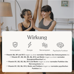 Eine Frau in Trainingskleidung hilft einer anderen beim Dehnen in einem hellen Raum. Auf der Vorderseite hebt eine Grafik die Vorteile von Liebscher & Bracht Vitamin B12+ für 4 Monate für die Gesundheit des Immunsystems, die Energie, die Nerven und die geistige Funktion hervor.