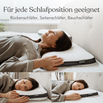 Eine Frau zeigt Rücken-, Seiten- und Bauchschlafpositionen auf dem weißen Liebscher & Bracht Kissen + Kissenbezüge Set in einem hellen Schlafzimmer. Der deutsche Text besagt, dass das Set für alle Schlafpositionen geeignet ist.