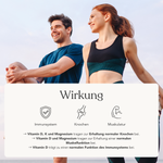 Ein lächelnder Mann und eine lächelnde Frau in Sportkleidung stehen im Freien vor einem Hintergrund mit blauem Himmel. Ein Kasten darunter hebt Liebscher & Bracht Vitamin D3 + K2 / 2000 I.E. hervor und zeigt die Vorteile für Immunsystem, Knochen und Muskeln in deutscher Sprache mit entsprechenden Symbolen.