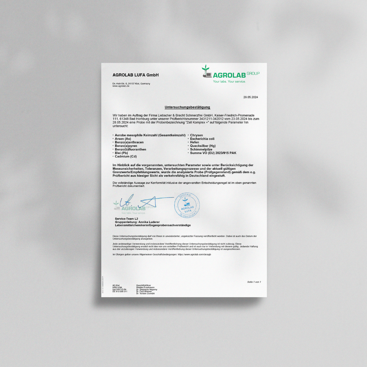 Ein Schreiben der AGROLAB LUFA GmbH, datiert vom 29.08.2024, mit dem Logo der AGROLAB GROUP, in deutscher Sprache, bezieht sich auf Zell Komplex+ für 2 Monate von Liebscher & Bracht. Es enthält Text, Aufzählungspunkte, Unterschriften und Dienststempel.