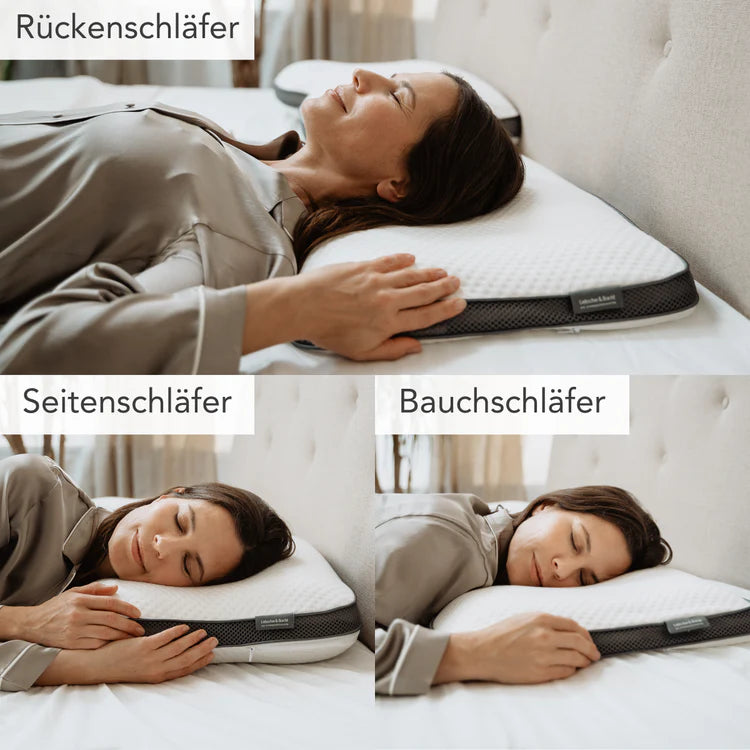 Drei Bilder zeigen eine Frau, die das Liebscher & Bracht Schlafset: Matratze + Kissen auf dem Rücken, auf der Seite und auf dem Bauch und verdeutlichen, wie das Set verschiedene Schlafpositionen unterstützt.