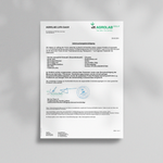 Ein gedruckter Briefbogen von Liebscher & Bracht zeigt auf einer hellgrauen Fläche das Produkt "ALL IN ONE - Basispulver", deutschen Text, Ankreuzfelder, Aufzählungszeichen zu Eisen und Vitamine, Unterschriften, Dienststempel und das Markenlogo oben rechts.