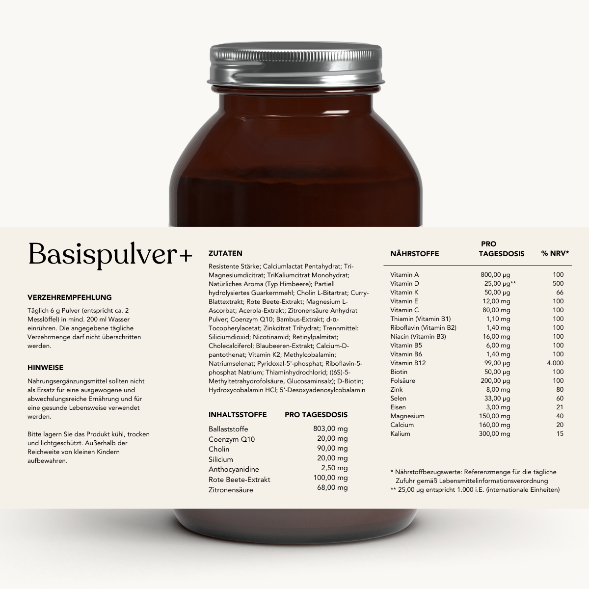 Braunes Glasgefäß mit silbernem Deckel und weißem Etikett für Liebscher & Bracht ALL IN ONE - Arthro-Paket (Pulver+Kapseln), mit Angaben zu veganen Zutaten, Nährwerten, Dosierung, Glucosamin, Vitaminen und Anwendungshinweisen.