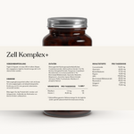 Ein braunes Glasgefäß mit silbernem Deckel mit der Aufschrift "Zell Komplex+ für 2 Monate" von Liebscher & Bracht. Auf dem deutschen Etikett sind Inhaltsstoffe wie Riboflavin (B2), Nährwerte und Dosierungsanweisungen aufgeführt, die den größten Teil des Glases einnehmen.