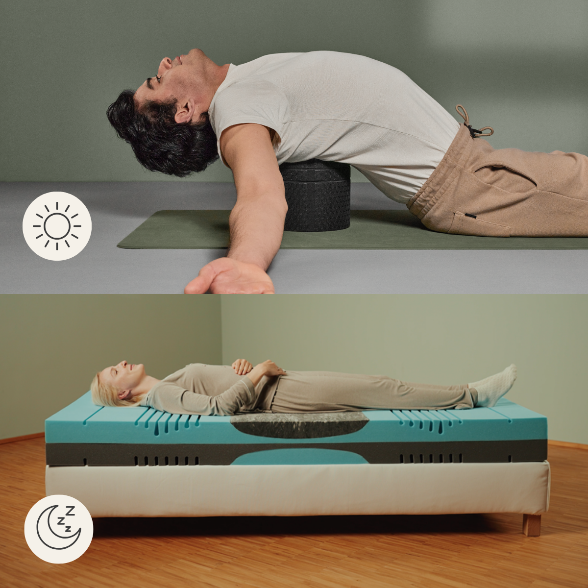 Geteiltes Bild: Oben ein Mann, der sich auf einem Yogablock mit einem Sonnensymbol dehnt; unten eine Frau, die sich auf einer Spezialmatratze mit Mond- und Zzz-Symbolen entspannt. Dein Nacken-Rücken-Paket von Liebscher & Bracht unterstützt deinen Rücken bei Tag und Nacht.