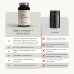 Vergleichstabelle: Liebscher & Bracht Osteo Komplex+ für 2 Monate vegane Nahrungsergänzungsflasche mit Vitamin D und einer Checkliste der Vorteile auf der linken Seite, gegenüber einer generischen dunklen "Andere"-Flasche mit Nachteilen und roten X-Markierungen auf der rechten Seite.