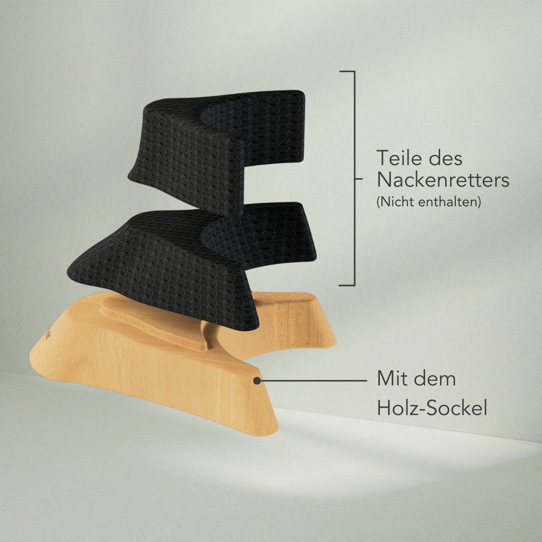 Explosionsdarstellung einer Nackenstütze mit zwei schwarzen Polsterteilen über einem Holzsockel. Die deutschen Etiketten bezeichnen die Kissenteile als Teile des Nackenretters und den Sockel als Mit dem Holz-Sockel.