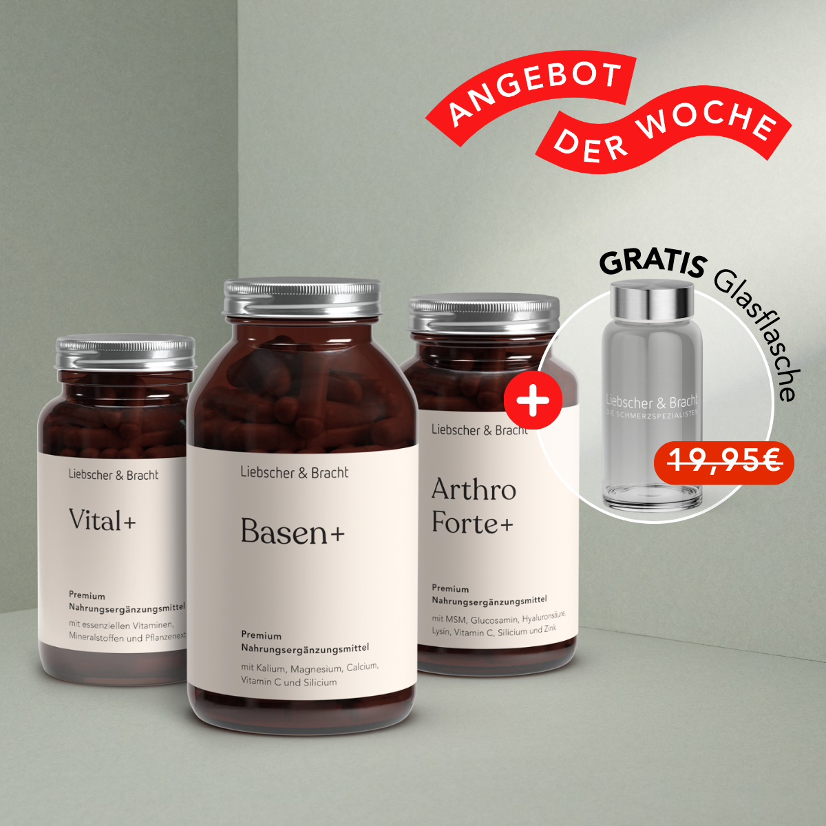 Die 3er-Kombi - Arthro Premium Vitalstoffe von Liebscher & Bracht: Drei Flaschen mit Vital+, Basen+ und Arthro Forte+ plus gratis Glasfläschchen. ANGEBOT DER WOCHE in Rot, nur 19,95 €.