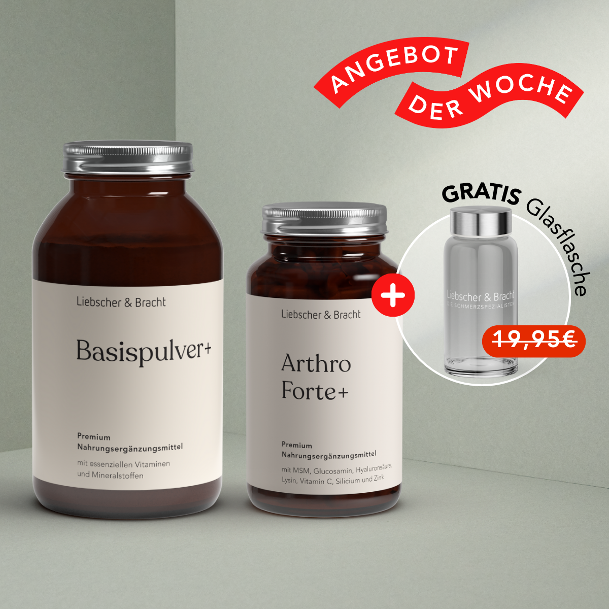 Ausgestellt wird das ALL IN ONE - Arthro-Paket (Pulver+Kapseln) von Liebscher & Bracht, das reich an immunstärkenden Mikronährstoffen ist. Eine Werbeaktion bietet eine kostenlose Glasflasche und ein wöchentliches Special, bei dem der Originalpreis von 19,95 € durchgestrichen ist.