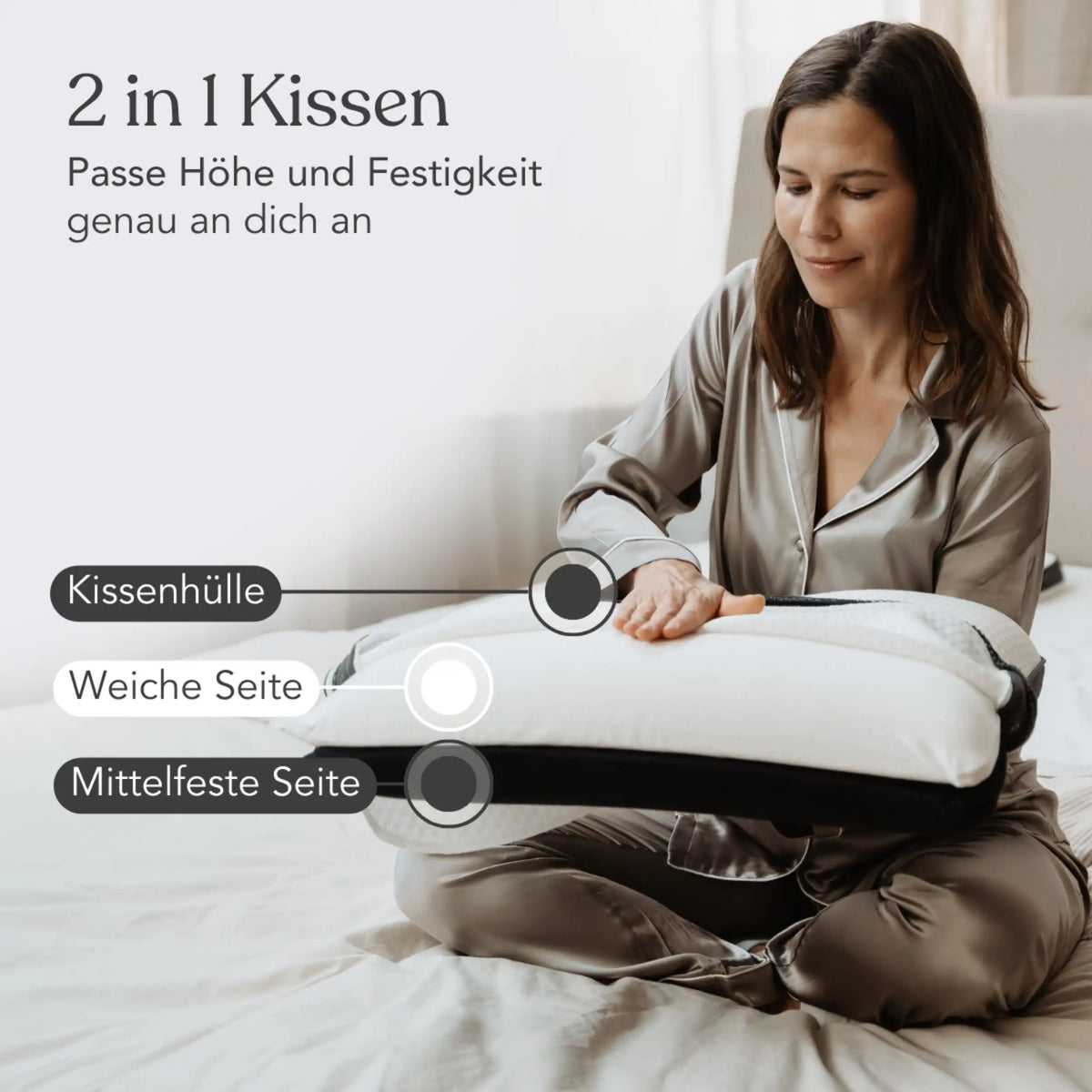 Eine Frau im Pyjama sitzt auf einem Bett und begutachtet das Liebscher & Bracht Aktiv-Set (1 Jahr App + Kissen). Der deutsche Text hebt die Eigenschaften des Kissens hervor: eine weiche Seite, eine mittelharte Seite und einen verstellbaren Bezug.