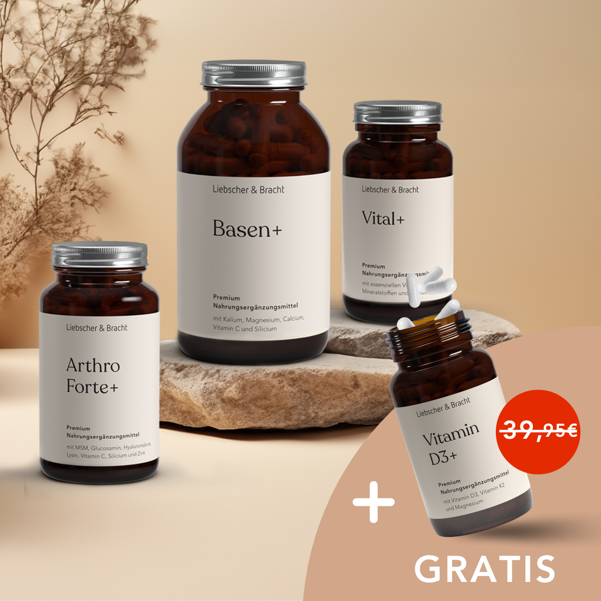 Vier braune Liebscher & Bracht ALL IN ONE - Arthro-Paket (Kapseln) Flaschen stehen auf einem Stein mit einem "GRATIS" Angebot und einem roten Preis daneben. Komplett-Versorgung, Premium Vitalstoff - hergestellt in Deutschland. Neutraler Hintergrund abgebildet.