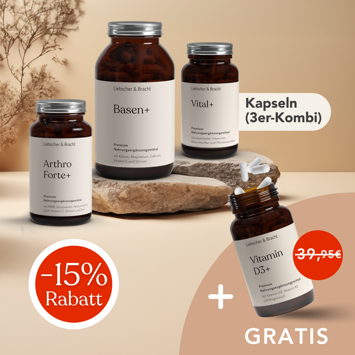 Vier Liebscher & Bracht ALL IN ONE - Arthro-Paket Ergänzungsflaschen sind auf Steinen ausgestellt. Ein -15% Rabatt und ein GRATIS-Etikett erscheinen, der Originalpreis für Vitamin D3+ (39,95€) ist durchgestrichen.