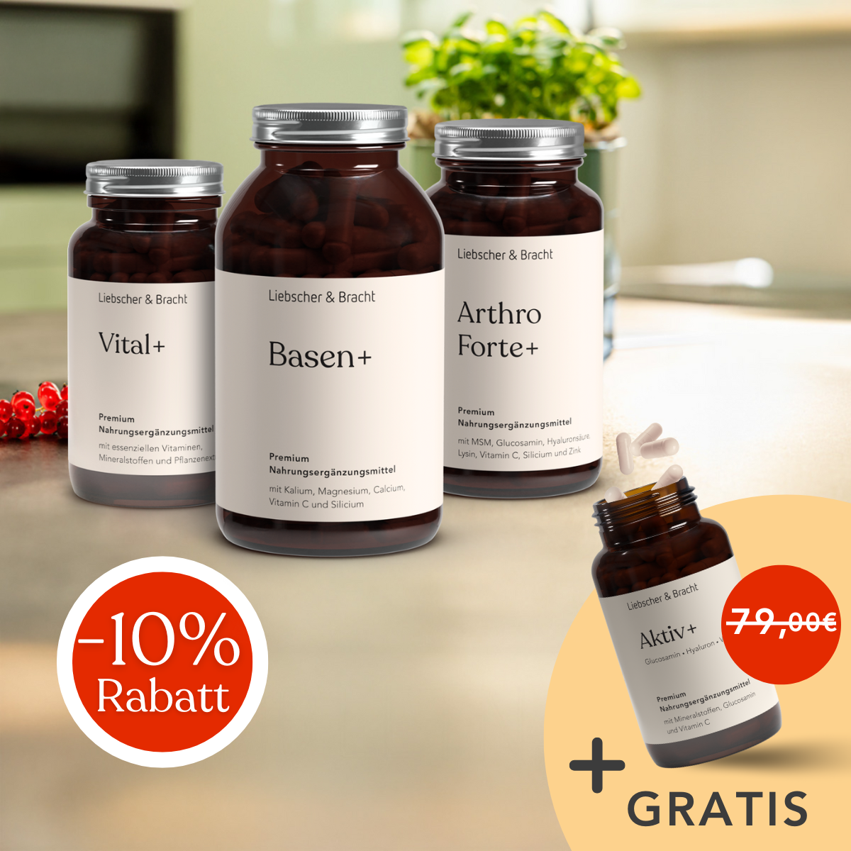 Die 3er-Kombi - Arthro Premium Vitalstoffe von Liebscher & Bracht zeigt drei braune Flaschen mit Aktiv+ (Glucosamin & Hyaluronsäure), hervorgehoben durch eine -10% Rabatt-Plakette und ein GRATIS-Angebot auf hellem Grund.