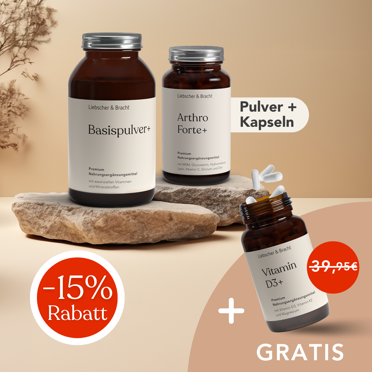 Drei Flaschen von Liebscher & Bracht ALL IN ONE - Arthro-Paket (Pulver+Kapseln) auf Steinen. Highlights: -15% Rabatt, gratis Vitamin D3+, wertvolle Mikronährstoffe. Wahlweise als Pulver oder Kapseln. Preis: 39,95 €.