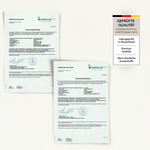 Zwei zertifizierte Laboranalyse-Zertifikate mit Unterschriften und Stempeln für Liebscher & Bracht ALL IN ONE - Arthro-Paket (Pulver+Kapseln) sind nebeneinander abgebildet, neben einem deutschen Etikett, das geprüfte Glucosamin-Qualität, Premium-Qualität und keine künstlichen Zusatzstoffe bestätigt.