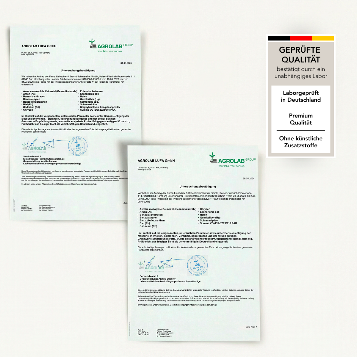 Zwei zertifizierte Laboranalyse-Zertifikate mit Unterschriften und Stempeln für Liebscher & Bracht ALL IN ONE - Arthro-Paket (Pulver+Kapseln) sind nebeneinander abgebildet, neben einem deutschen Etikett, das geprüfte Glucosamin-Qualität, Premium-Qualität und keine künstlichen Zusatzstoffe bestätigt.