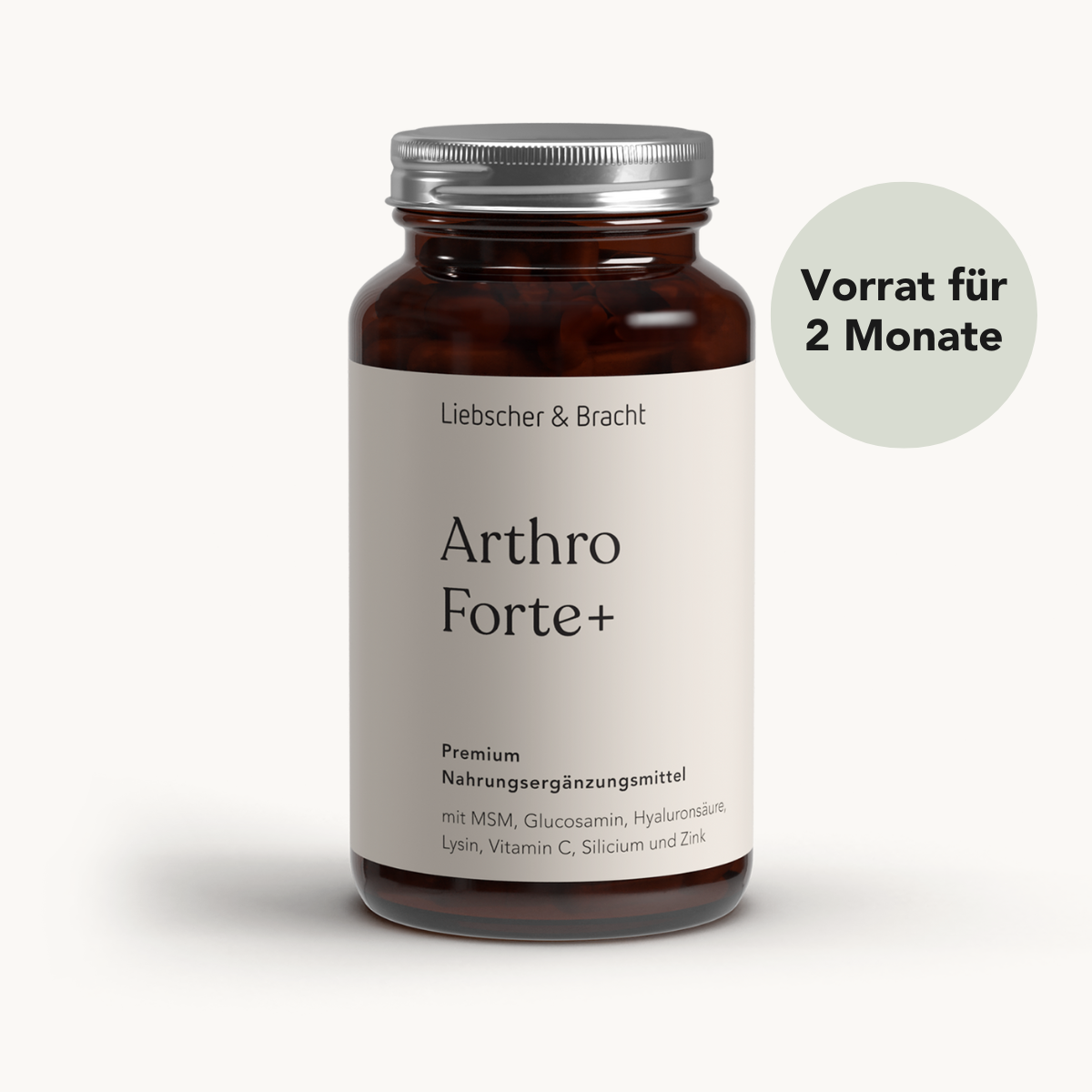 Eine braune Flasche mit der Aufschrift Arthro Forte+ für 2 Monate von Liebscher & Bracht, die Hyaluronsäure und Glucosamin enthält, wird vor einem neutralen Hintergrund gezeigt.