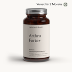 Eine braune Glasflasche mit der Aufschrift „Arthro Forte+ für 2 Monate“ von Liebscher & Bracht, ein hochwertiges veganes Nahrungsergänzungsmittel mit Glucosamin. Der Text darüber zeigt ein Uhrensymbol und die Aufschrift „Vorrat für 2 Monate“.
