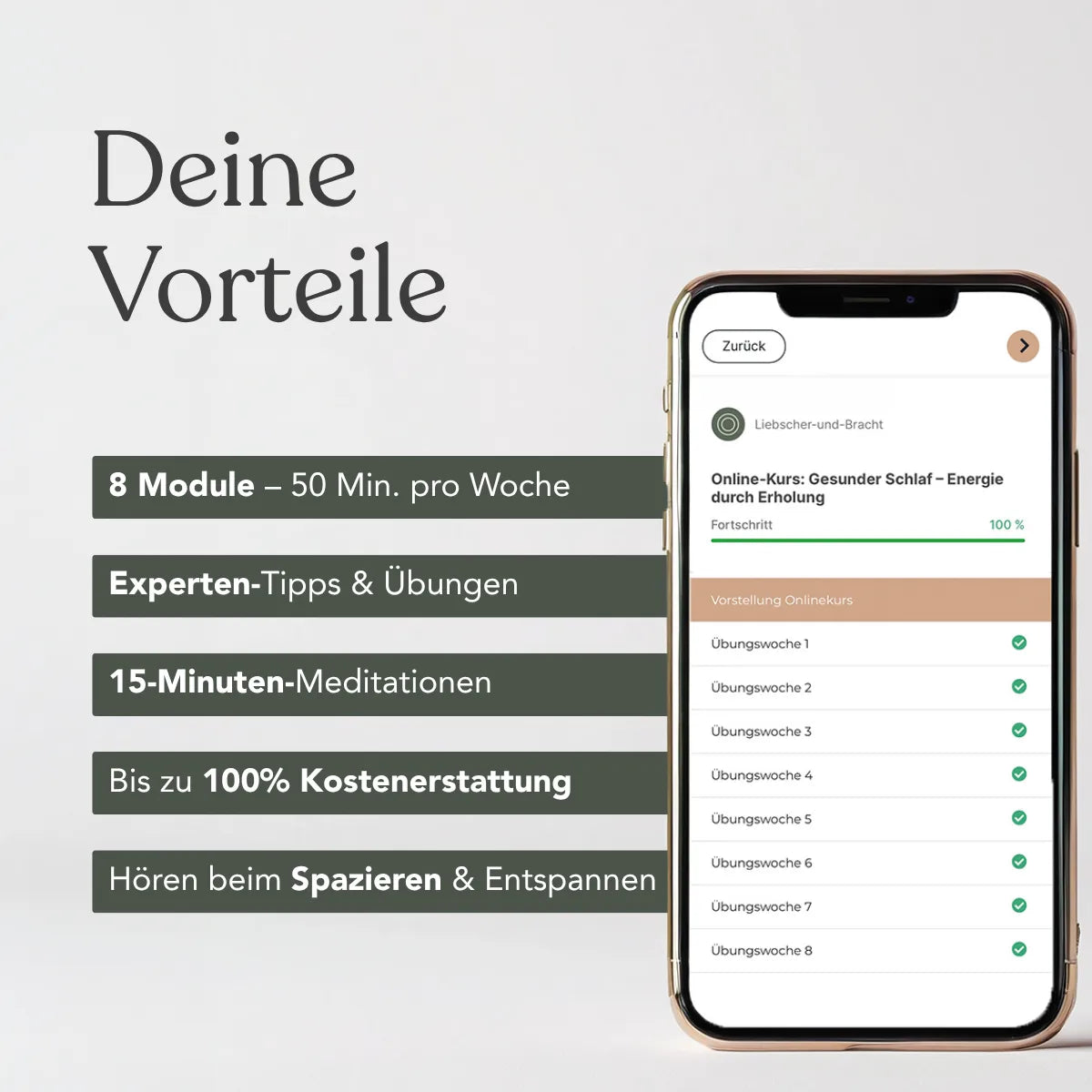 Das Smartphone zeigt das Online-Programm "Gesunder Schlaf - Energie durch Erholung" von Liebscher & Bracht: 8 Module, Experten-Tipps, 15-minütige Meditationen, bis zu 100 % Kostenübernahme und flexibel hörbar beim Gehen oder Entspannen.