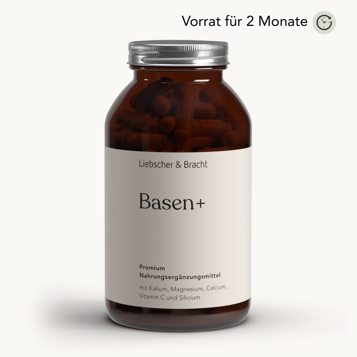„Liebscher & Bracht Basen+ für 2 Monate“ ist eine braune Glasflasche mit hochwertigen Kapseln, die Kaliumcitrat, Magnesiumcitrat, Kalziumcitrat, Vitamin C und Silizium als Nahrungsergänzungsmittel enthalten.