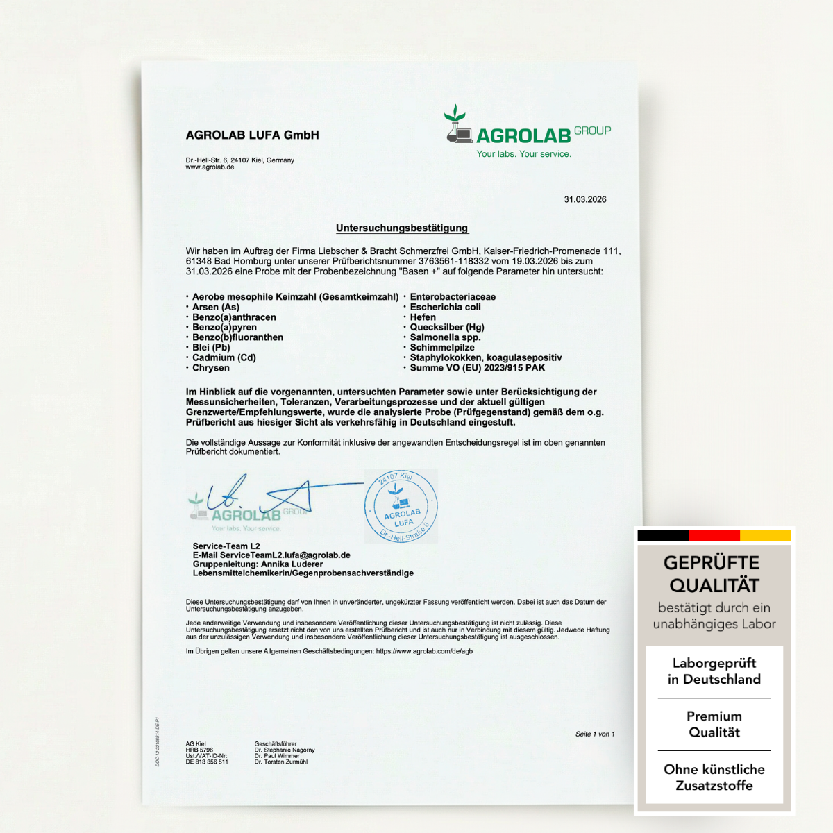 Ein Laboranalyse-Zertifikat der AGROLAB LUFA GmbH (31.03.2020) mit dem Label Geprüfte Qualität bestätigt, dass Liebscher & Bracht Basen+ für 2 Monate Premiumqualität ist, in Deutschland geprüft wurde und keine künstlichen Zusatzstoffe enthält.