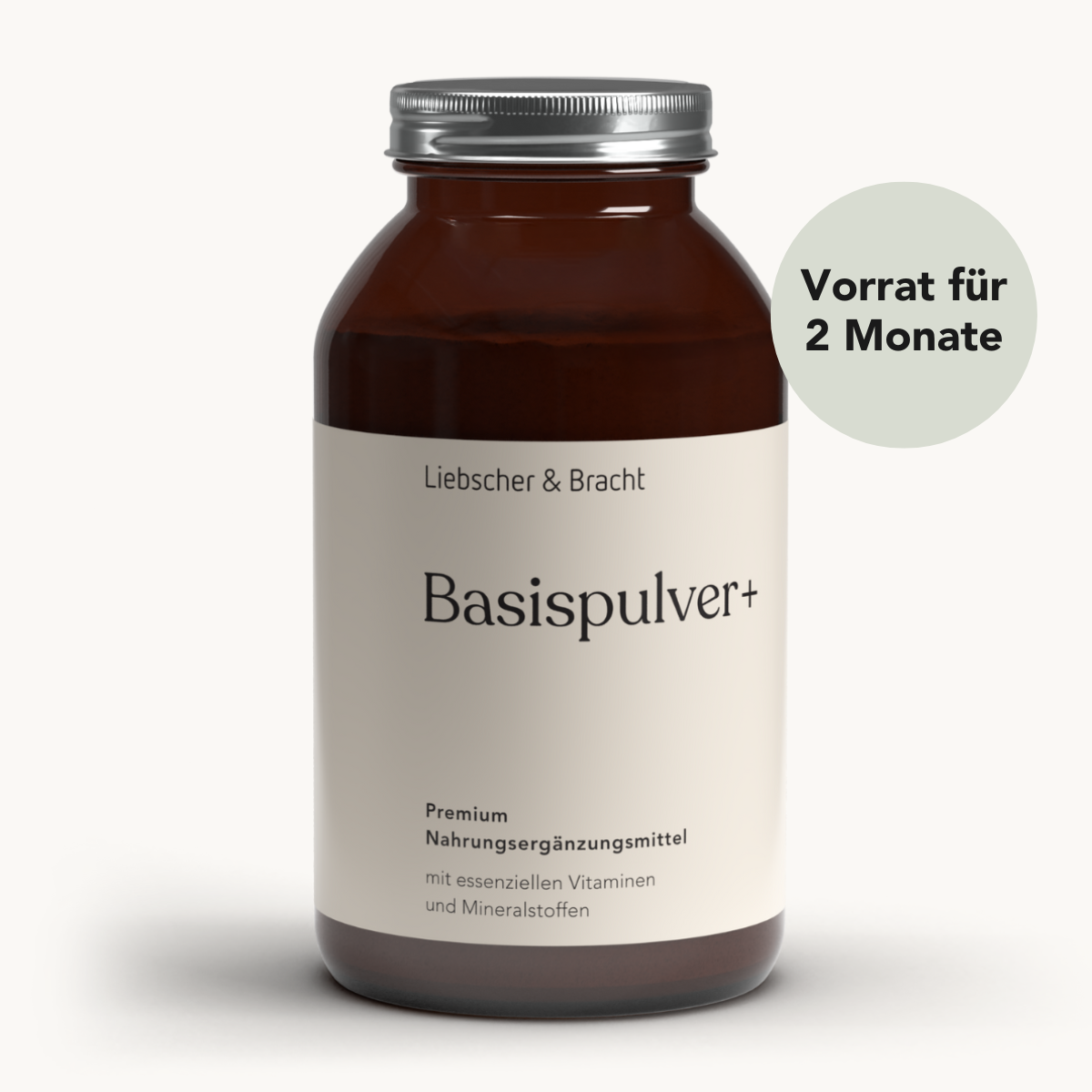 Eine braune Flasche mit der Aufschrift ALL IN ONE - Basispulver von Liebscher & Bracht, mit Vitaminen und Mineralstoffen, mit einer runden Textblase auf der rechten Seite mit der Aufschrift Vorrat für 2 Monate.