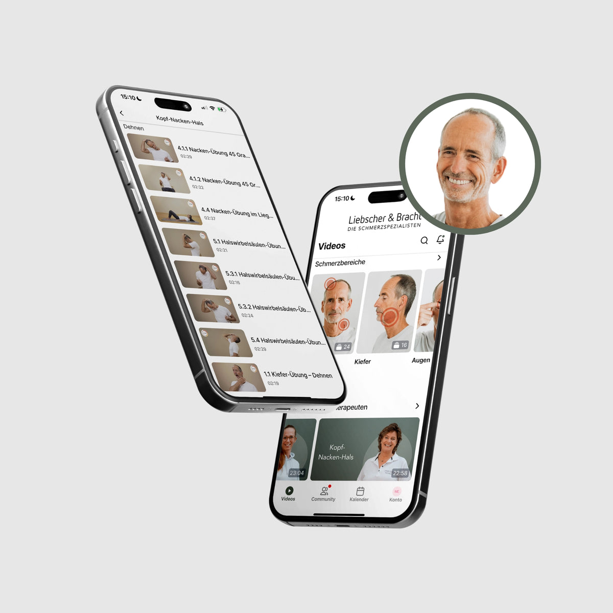 Auf zwei Smartphones wird die „Liebscher & Bracht“-App von Liebscher & Bracht angezeigt, die Trainingsvideos präsentiert. In einer runden Einblendung ist ein lächelnder älterer Mann mit grauen Haaren und Bart zu sehen, was auf seinen Bezug zum Inhalt der App hindeutet. Der Hintergrund ist hellgrau.