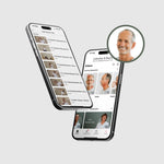 Auf zwei Smartphones wird die „Liebscher & Bracht“-App von Liebscher & Bracht angezeigt, die Trainingsvideos präsentiert. In einer runden Einblendung ist ein lächelnder älterer Mann mit grauen Haaren und Bart zu sehen, was auf seinen Bezug zum Inhalt der App hindeutet. Der Hintergrund ist hellgrau.