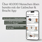 Auf einem Smartphone ist die Benutzeroberfläche der Liebscher & Bracht-App auf Deutsch zu sehen; im Text darüber wird darauf hingewiesen, dass über 40.000 Nutzer die App regelmäßig nutzen. Grüne Kästchen heben Funktionen wie die Suche nach Übungen, tägliche Motivation und die Unterstützung durch Liebscher & Bracht-Therapeuten hervor.