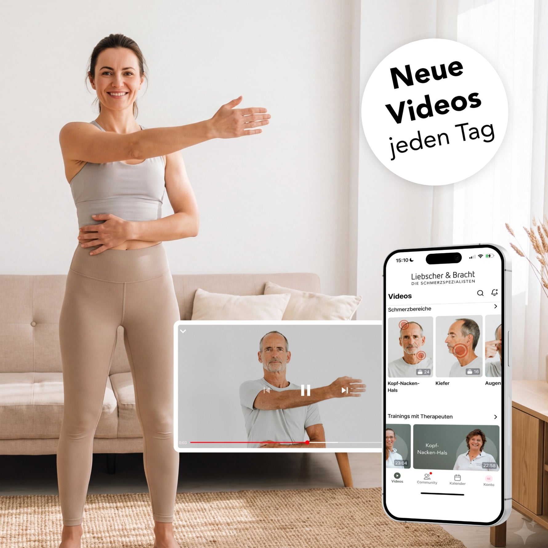 Eine lächelnde Frau streckt in einem Wohnzimmer ihren Arm aus. In einer Einblendung ist ein Mann zu sehen, der Übungen vorführt, während auf einem Handybildschirm die „Liebscher & Bracht“-App von Liebscher & Bracht angezeigt wird. Der Text lautet: „Neue Videos jeden Tag“.