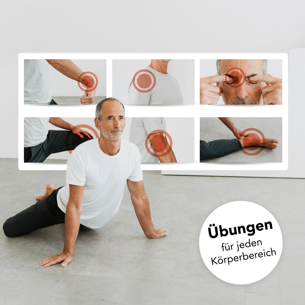 Ein Mann in weißer Sportkleidung dehnt sich auf dem Boden, während eingeblendete Bilder die betroffenen Gelenke und Muskeln hervorheben. Der deutsche Text lautet: „Übungen für jeden Körperbereich“. Vorgestellt wird die Liebscher & Bracht App von Liebscher & Bracht.