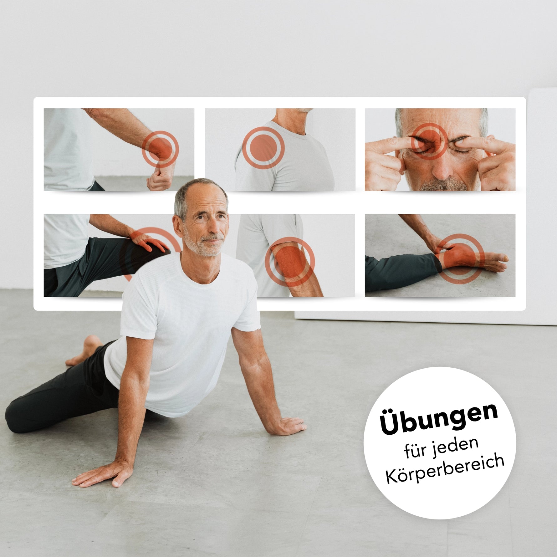Ein Mann in weißer Sportkleidung dehnt sich auf dem Boden, während eingeblendete Bilder die betroffenen Gelenke und Muskeln hervorheben. Der deutsche Text lautet: „Übungen für jeden Körperbereich“. Vorgestellt wird die Liebscher & Bracht App von Liebscher & Bracht.