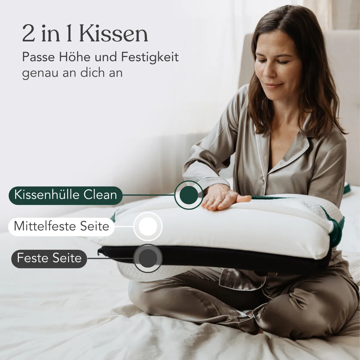 Eine Frau im Pyjama hält ein Kissen Clean mit drei Schichten in der Hand – einem abnehmbaren Bezug, einer mittelharten Seite und einer harten Seite –, das bequemen Halt bietet; darauf steht 2 in 1 Kissen.