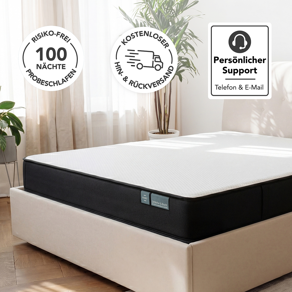 Matratze Clean im Bett mit den Siegeln 100 Nächte Probeschlafen, kostenloser Hin- und Rückversand und persönlicher Support