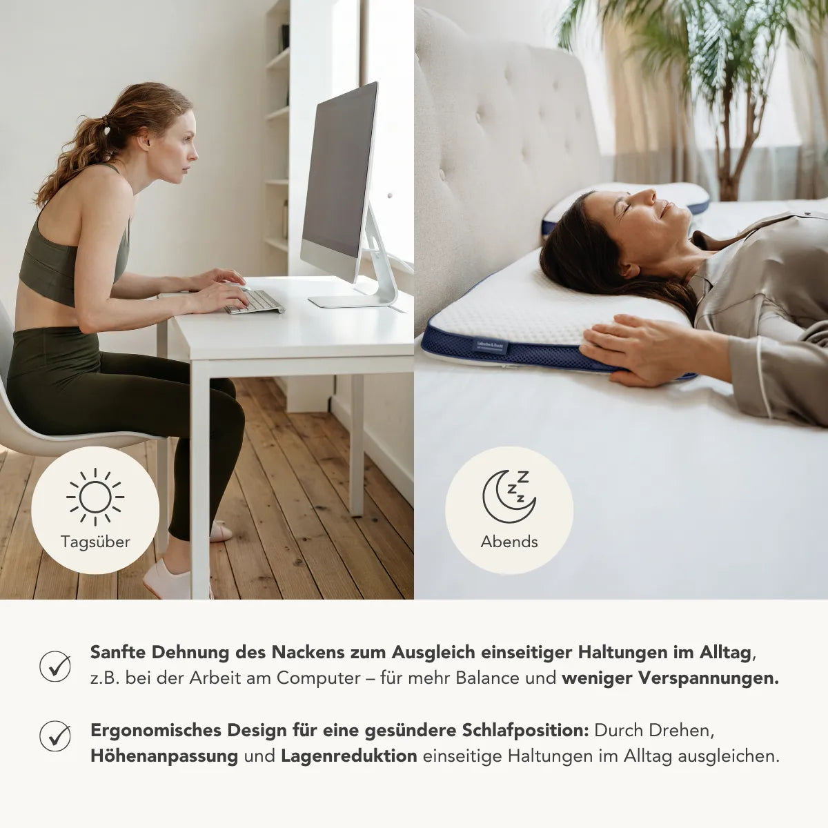 Ein geteiltes Bild zeigt eine Frau, die tagsüber am Computer arbeitet und sich nachts auf einem Kissen Cool von Liebscher & Bracht ausruht, begleitet von einem Text, der beschreibt, wie eine richtige Schlafhaltung in Rückenlage zur Entlastung des Nackens beiträgt.