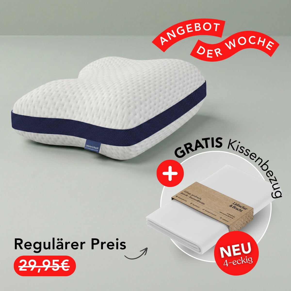 Das weiße, ergonomische „Kissen Cool+“ von Liebscher & Bracht mit einem dunkelblauen Streifen ist auf einem gefalteten weißen Kissenbezug abgebildet. Ein deutscher Text weist auf ein Wochenangebot hin: reduzierter Preis, kostenloser Kissenbezug und zusätzliche Unterstützung für verschiedene Schlafpositionen.