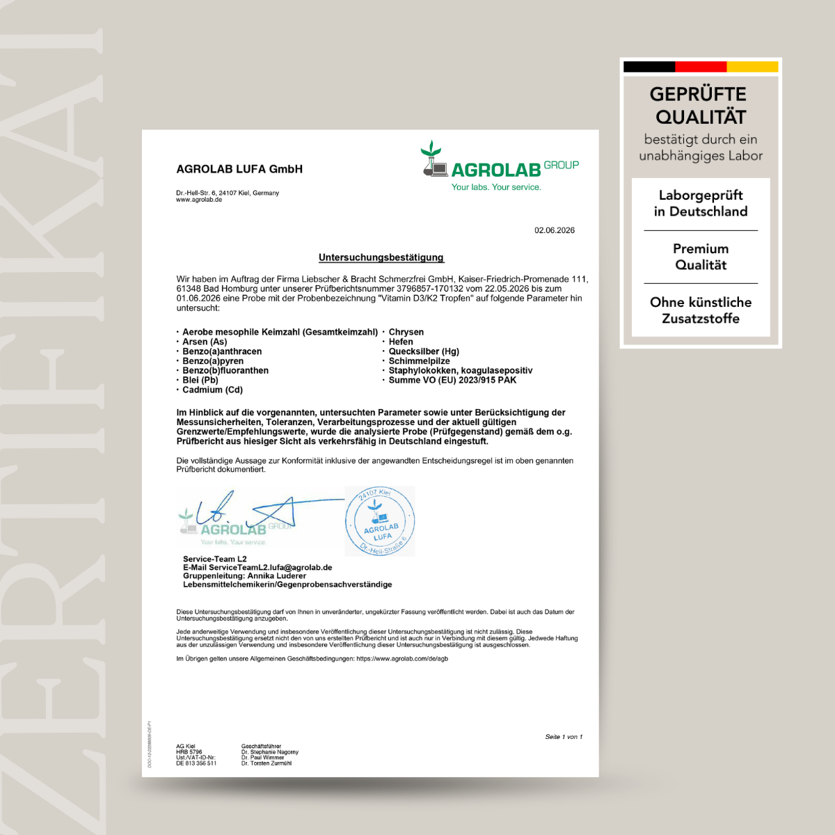 Ein Zertifikat der AGROLAB LUFA GmbH bestätigt die Laboranalyse von Liebscher & Bracht Vitamin D3+K2 Tropfen. Auf dem Kasten rechts steht: Laborgeprüft in Deutschland, keine künstlichen Zusatzstoffe und unabhängig geprüfte "Geprüfte Qualität".