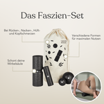 Das Dein Komplett-Paket von Liebscher & Bracht enthält Schaumstoffrollen und -kugeln in verschiedenen Formen, alle in einem Kordelzugbeutel. Das Paket wurde für die Gesundheit der Wirbelsäule und zur Schmerzlinderung entwickelt und zeigt eine Frau, die die Rolle optimal nutzt.