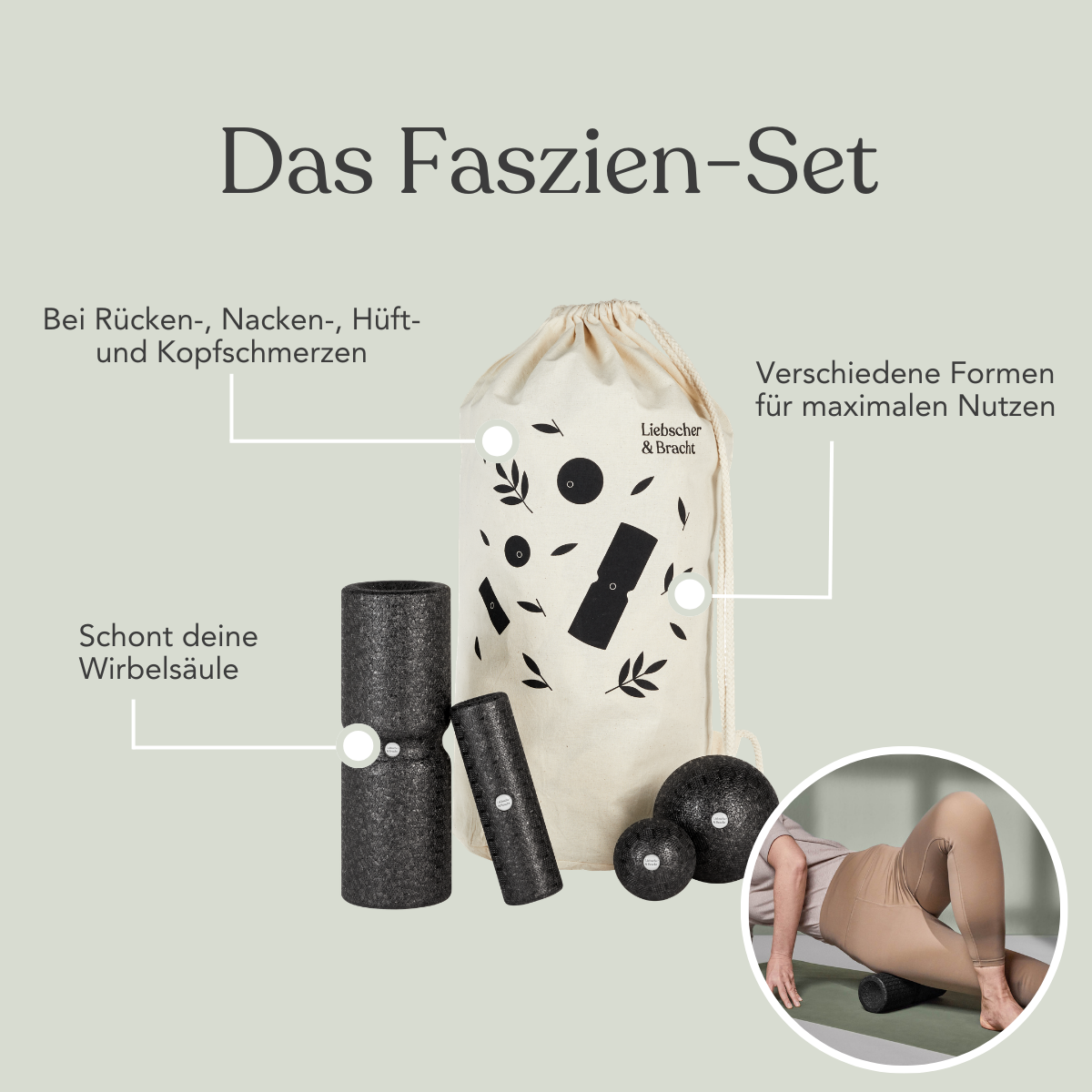 Das Liebscher & Bracht Dein Komplett-Paket besteht aus schwarzen Schaumstoffrollen und -kugeln sowie einem beigen Kordelzugbeutel, die zur Schmerzlinderung dienen. Ein Einsatz zeigt die Anwendung im unteren Rückenbereich.