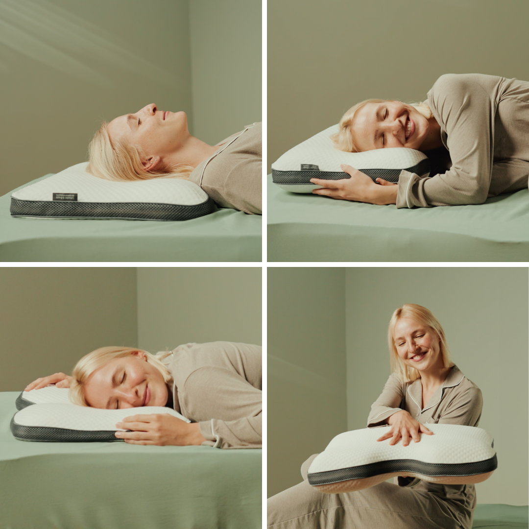 Eine Frau im beigen Schlafanzug genießt Komfort und Entspannung auf einem Bett mit grünem Laken, während sie sich in vier verschiedenen Posen an das konturierte Liebscher & Bracht Kissen + Nackenretter Set aus Memory-Schaumstoff schmiegt und darauf ruht.