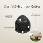 Ein schwarzes ergonomisches Therapiegerät von Liebscher & Bracht, Dein Komplett-Paket, mit deutscher Beschriftung; die Abbildung zeigt die Anwendung unter dem unteren Rücken beim Dehnen auf einer Matte.