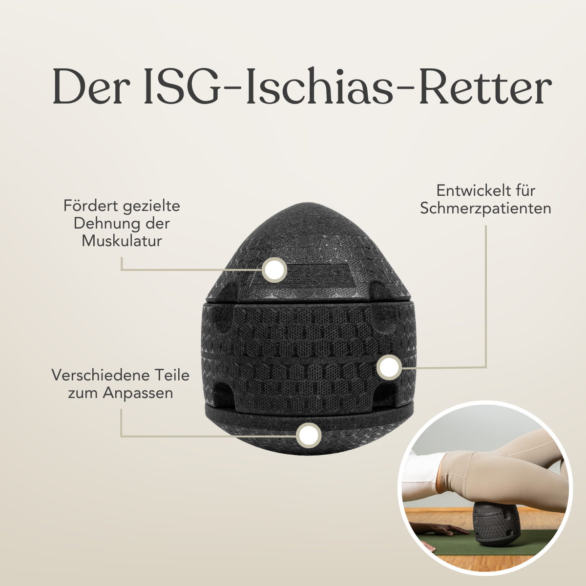 Ein schwarzes ergonomisches Therapiegerät von Liebscher & Bracht, Dein Komplett-Paket, mit deutscher Beschriftung; die Abbildung zeigt die Anwendung unter dem unteren Rücken beim Dehnen auf einer Matte.